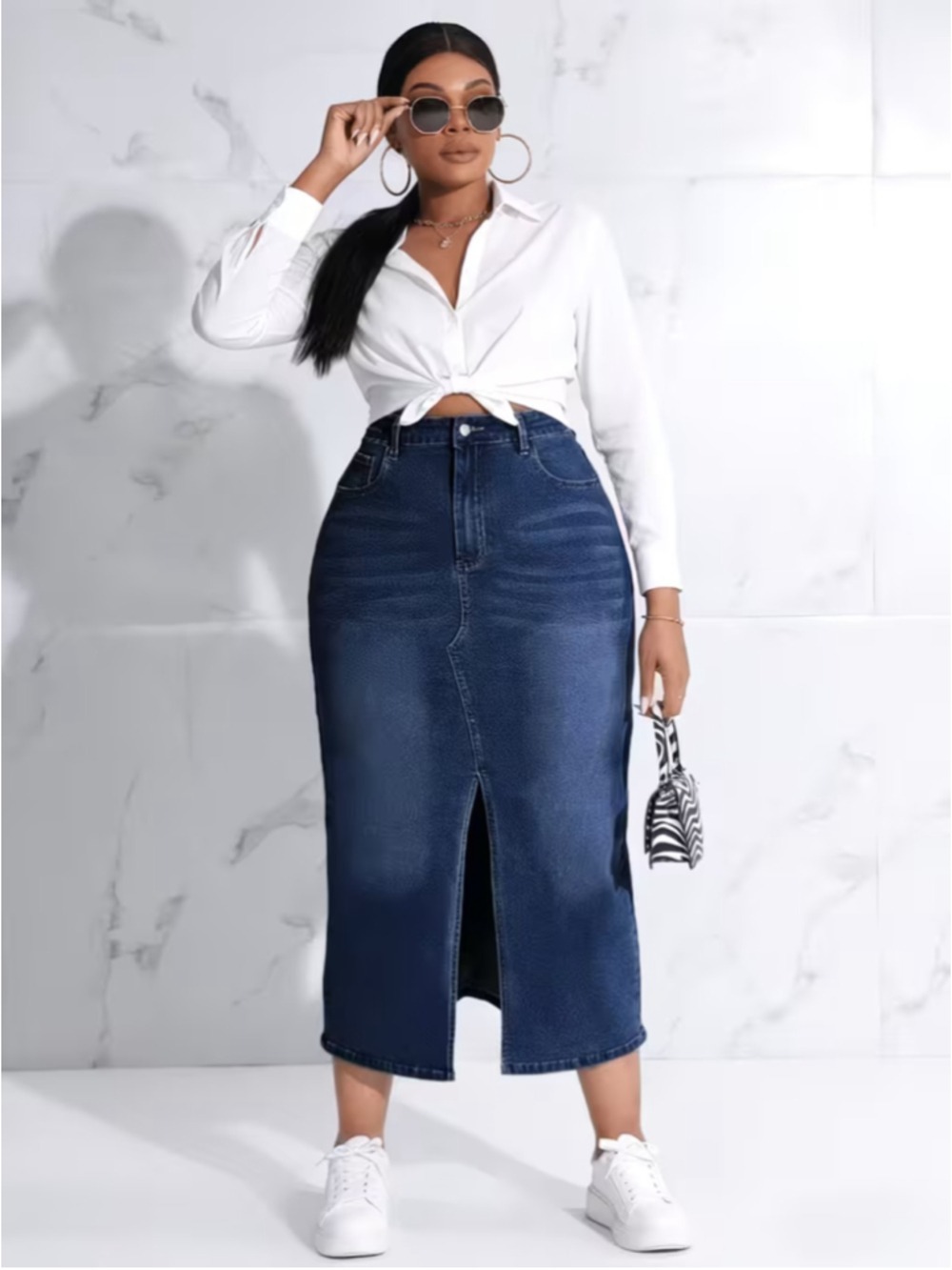 Osadia Plus Size 3X US 18 Dark Wash Denim Midi Pencil Skirt Front Slit Stretch